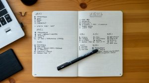 An open notebook with handwritten notes resting on a wooden desk beside a laptop and pen.